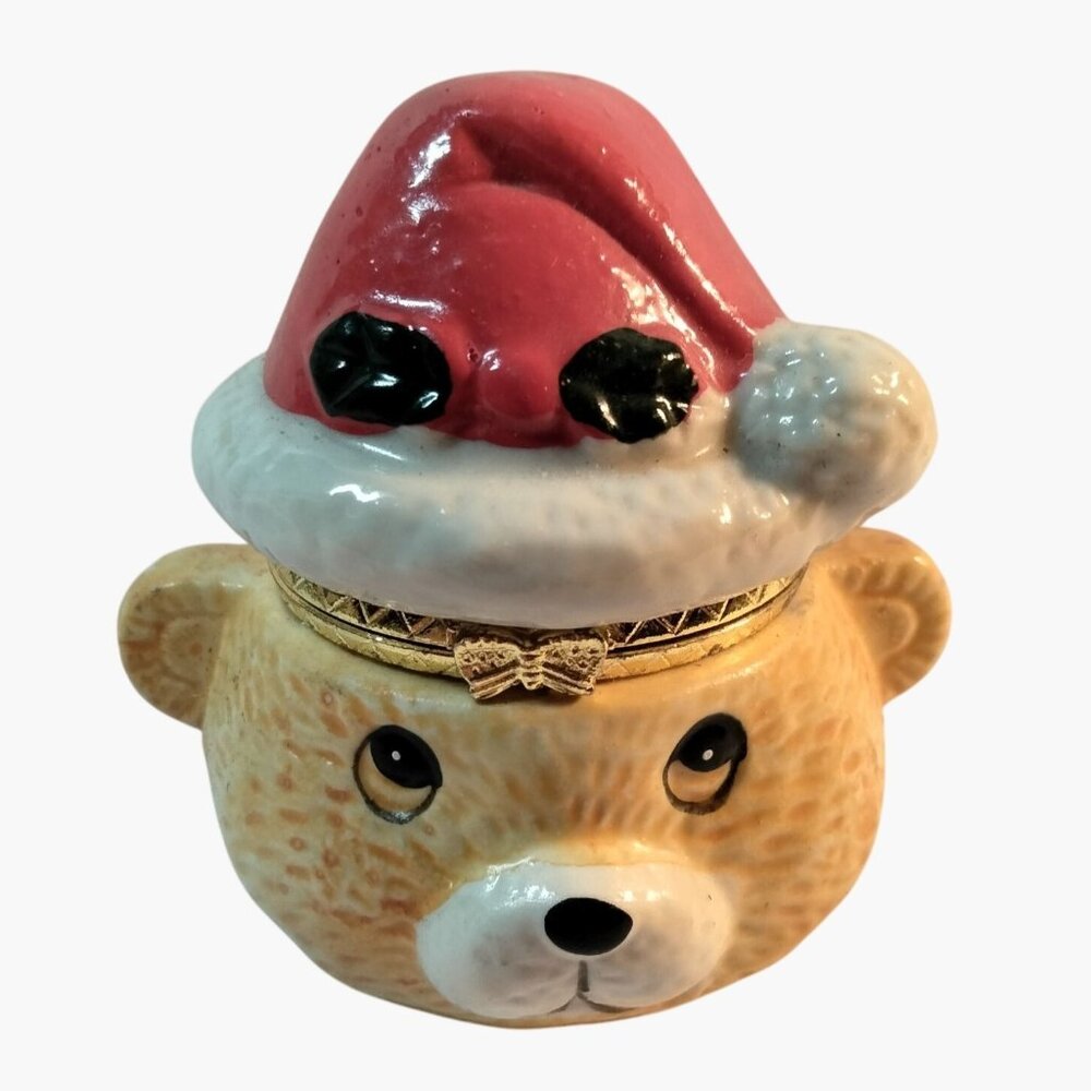 Bear Shaped Ceramic Trinket Box Santa Hat Christmas Treasure Gift
